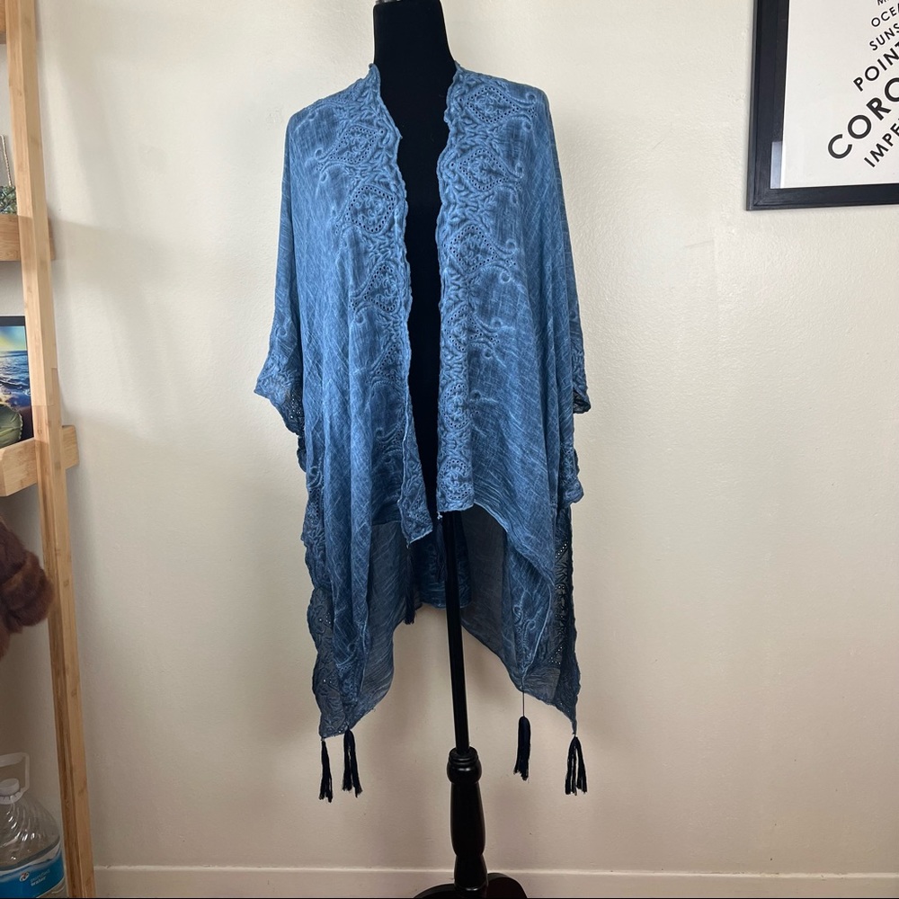 ONE SIZE FITS MOST Boho Beach Cover-up, 100% Cotton, Indigo Eyelet Detail